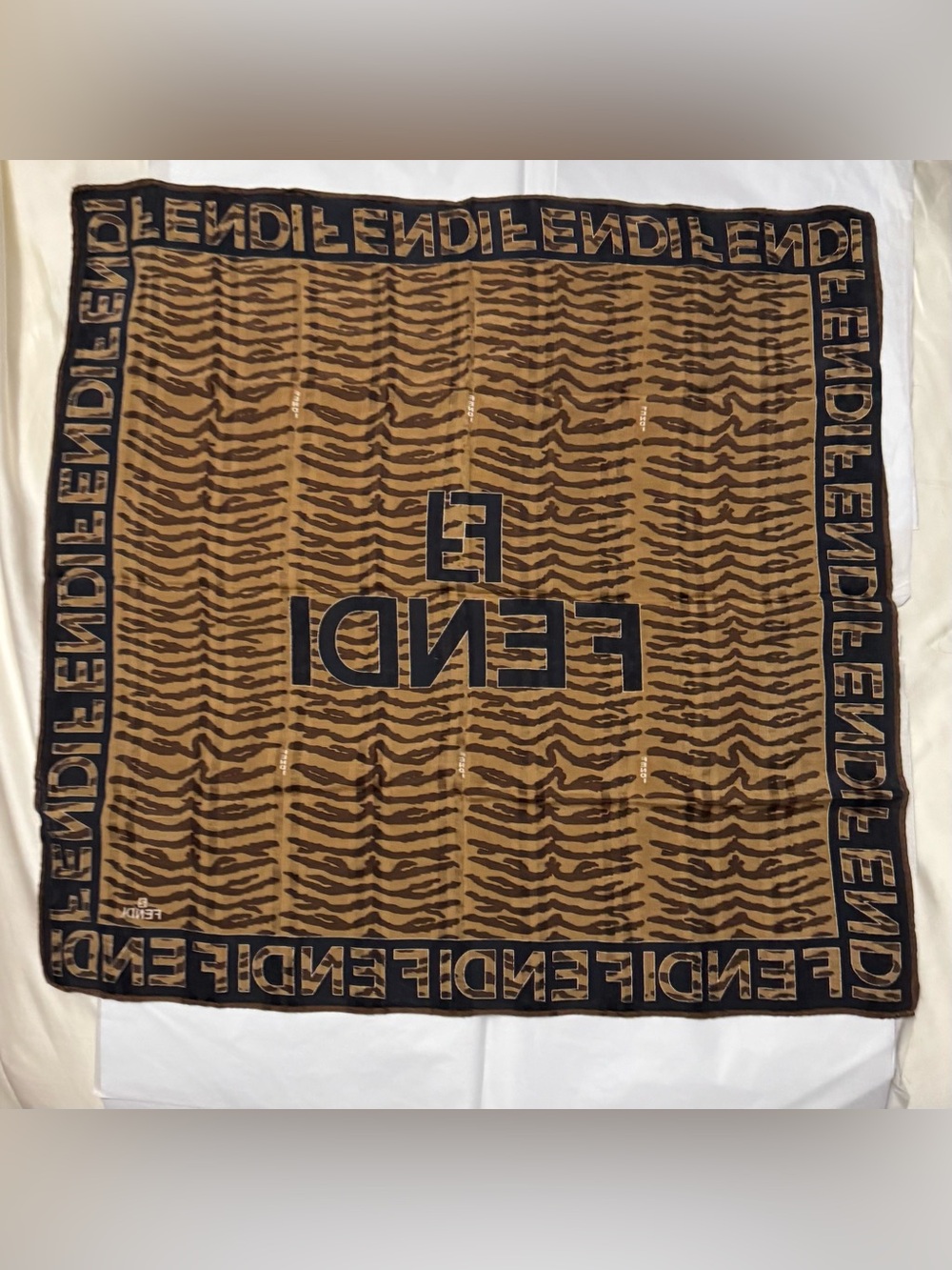 Fendi AUTHENTIC Vintage Logo FF Monogram Brown Black Zebra Small Scarf - Picture 11 of 16